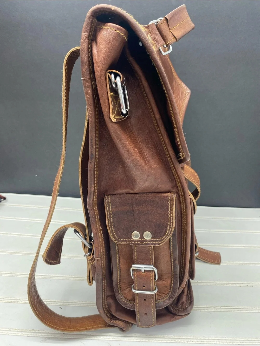 MaheTri Historic Brown Leather Backpack Messenger Bag